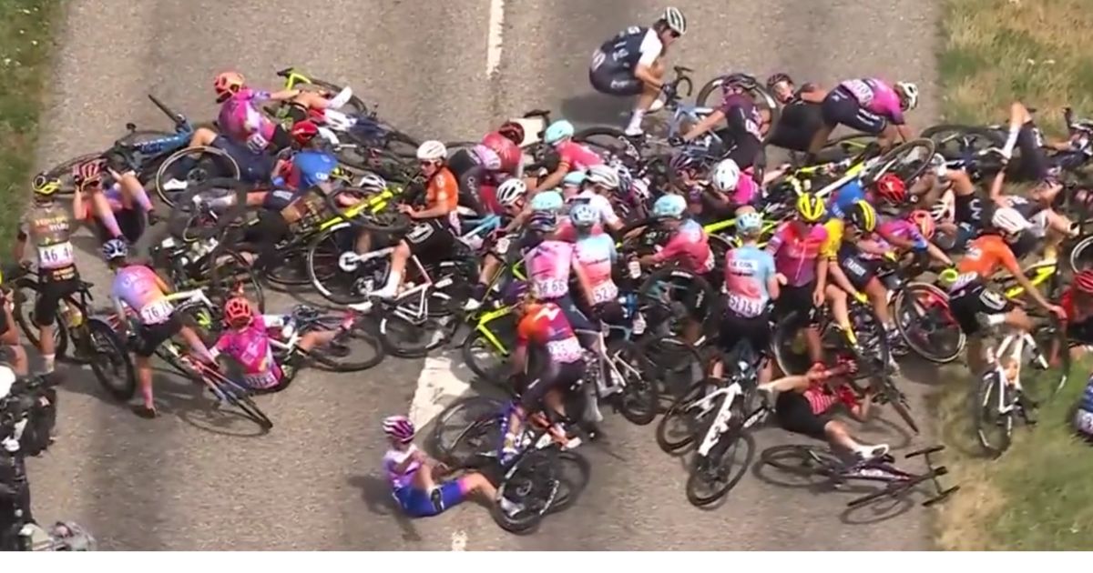 About 30 of the female cyclists ended up in a tangled mass of bikes.