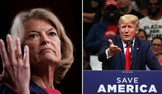 Sen. Lisa Murkowski, left, speaks during a news conference at the U.S. Capitol on May 18 in Washington, D.C. Former President Donald Trump speaks during a rally at Alaska Airlines Center on Saturday in Anchorage, Alaska.