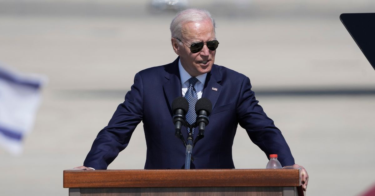 President Joe Biden speaks at a welcoming ceremony at Ben Gurion International Airport near Tel Aviv after landing in Israel on Wednesday.