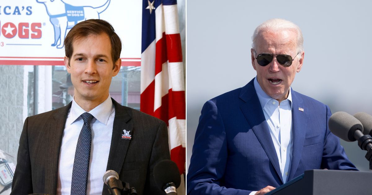 While introducing members of Congress during a speech in Massachusetts on Wednesday, President Joe Biden, right, mispronounced Rep. Jake Auchincloss' name.