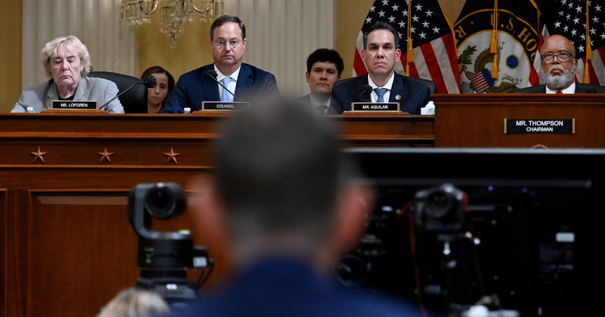 Representative Zoe Lofgren, Investigative Counsel John Wood, Rep. Peter Aguilar and Rep. Bennie Thompson watch Greg Jacob, former Counsel to Vice President Mike Pence, as he testifies at the Jan. 6 hearings on June 16.