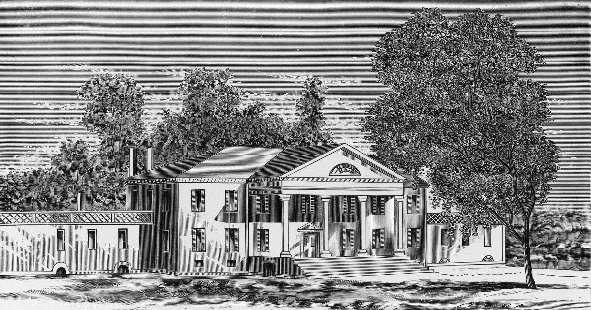 The image depicts a sketch of James Madison's Montpelier home in Orange, Virginia, in the early 1800s.