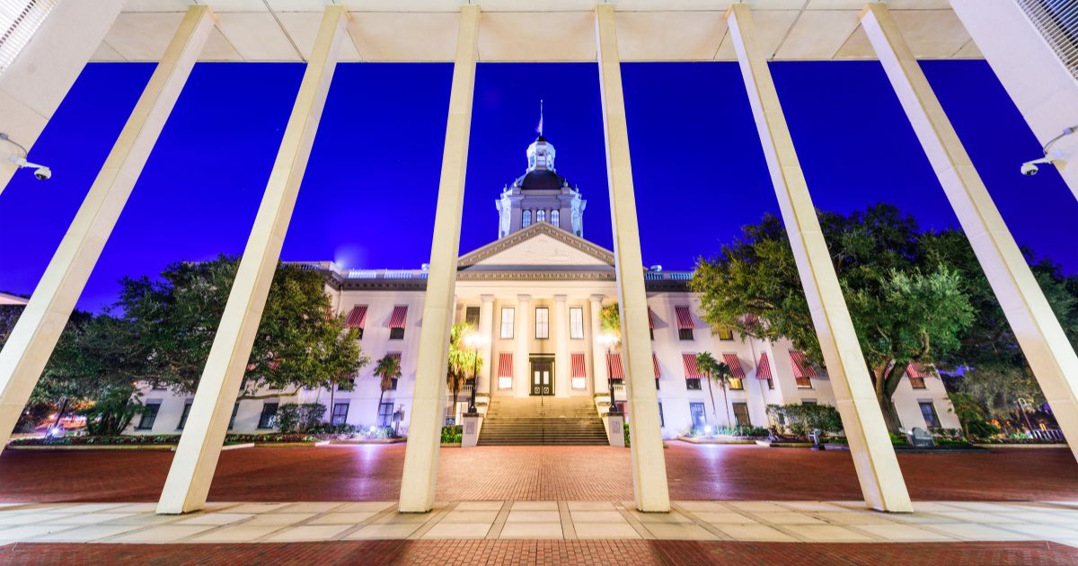 The Florida Capitol building shines at night in Tallahassee, Florida.