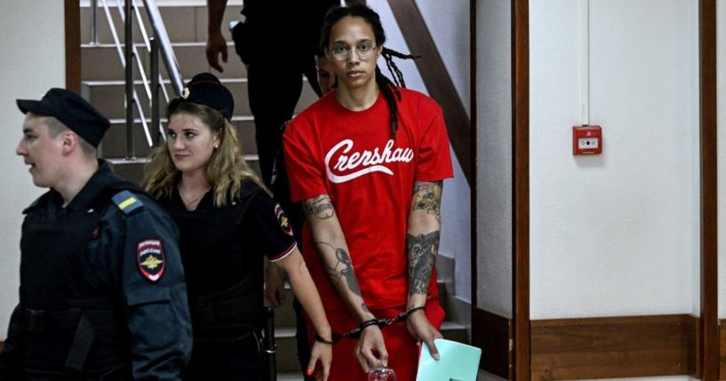 WNBA star Brittney Griner arrives for a hearing at the Khimki Court, outside Moscow, on Thursday.