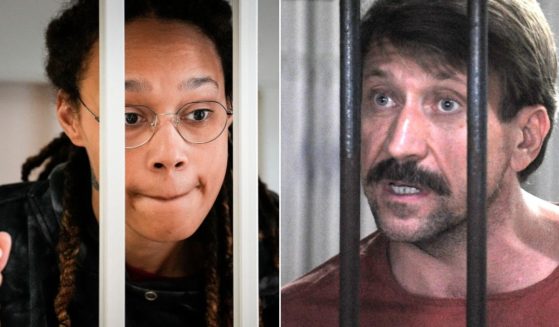 At left, WNBA star Brittney Griner reacts inside a defendants' cage before a hearing at the Khimki Court, outside Moscow, on Tuesday. At right, Russian arms dealer Viktor Bout talks to reporters from a cell in Bangkok on Aug. 20, 2010.