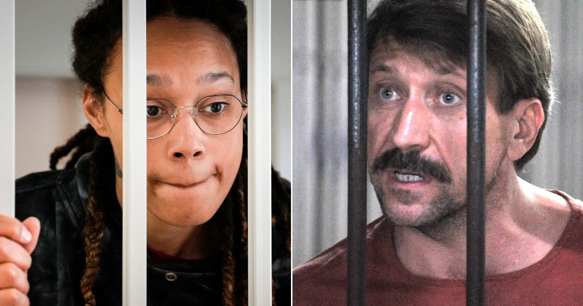 At left, WNBA star Brittney Griner reacts inside a defendants' cage before a hearing at the Khimki Court, outside Moscow, on Tuesday. At right, Russian arms dealer Viktor Bout talks to reporters from a cell in Bangkok on Aug. 20, 2010.