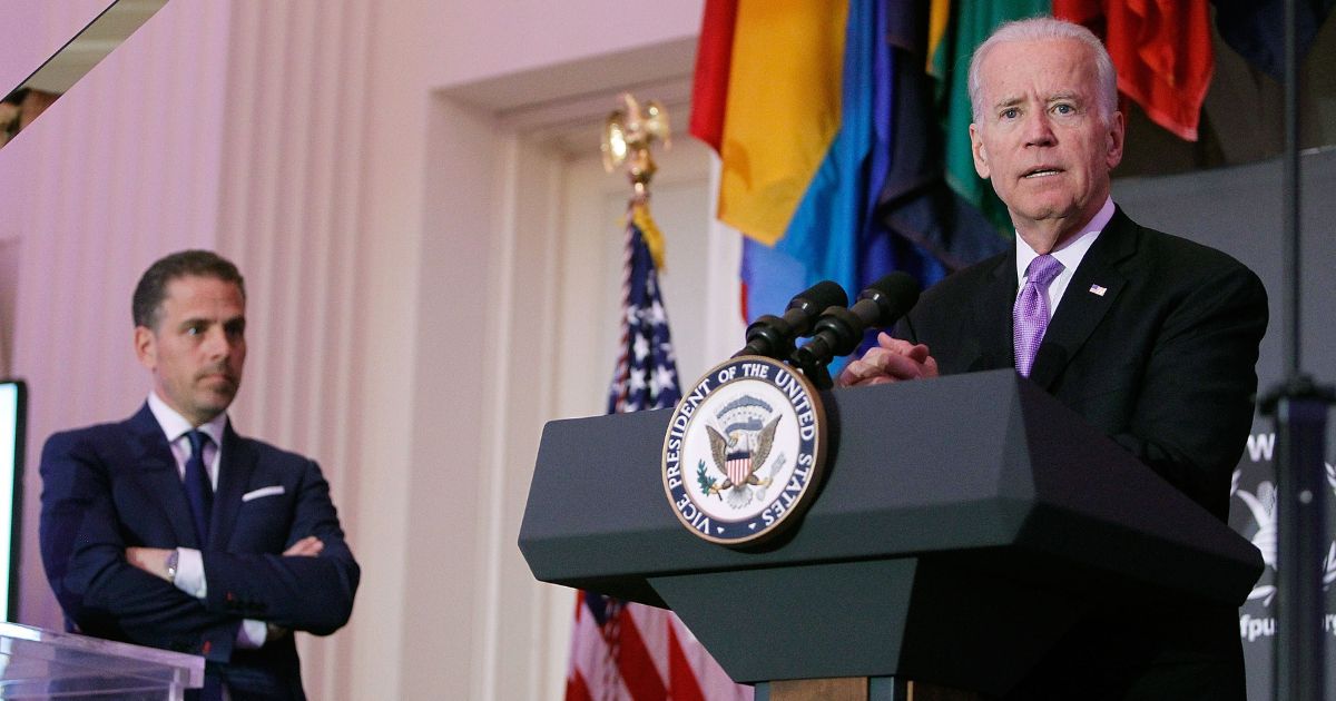 Hunter Biden looks on as his father, then-Vice President Joe Biden, speaks during a World Food Program USA event at the Organization of American States in Washington on April 12, 2016.