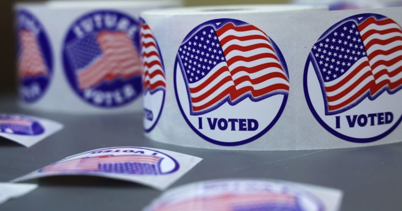 "I Voted" stickers are seen at a polling station at Rose Hill Elementary School in Alexandria, Virginia, during the midterm primary election on June 21.