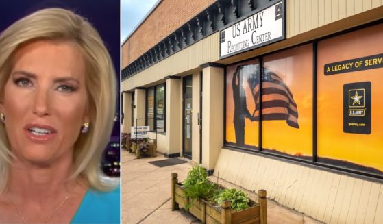 At left, Fox News host Laura Ingraham speaks on "The Ingraham Angle." At right, an Army recruitment center is seen in Hackettstown, New Jersey, on May 14.