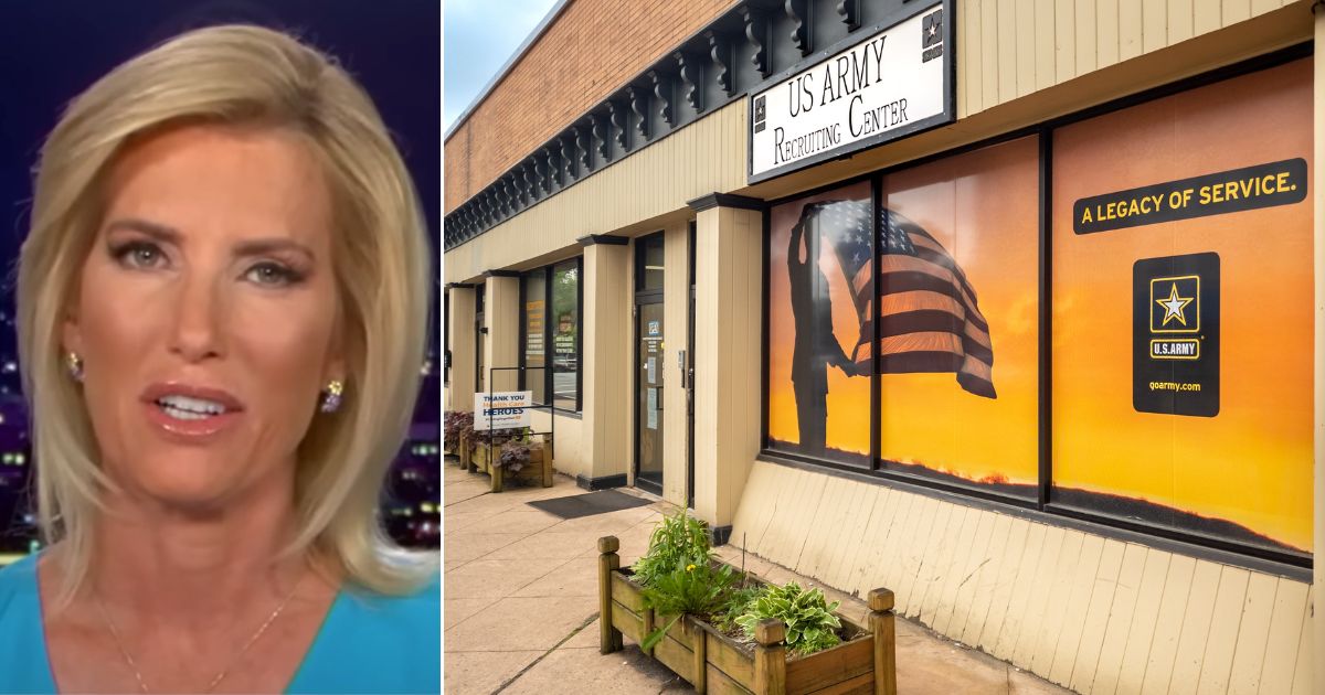 At left, Fox News host Laura Ingraham speaks on "The Ingraham Angle." At right, an Army recruitment center is seen in Hackettstown, New Jersey, on May 14.