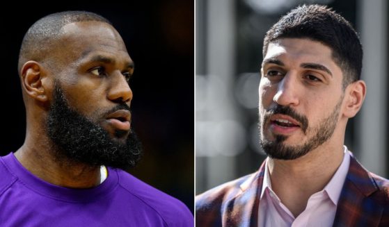 At left, LeBron James looks on before the Los Angeles Lakers' game against the New Orleans Pelicans at Smoothie King Center in New Orleans on March 27. At right, Enes Kanter Freedom speaks during an interview with AFP at the United Nations Office in Geneva on April 5.