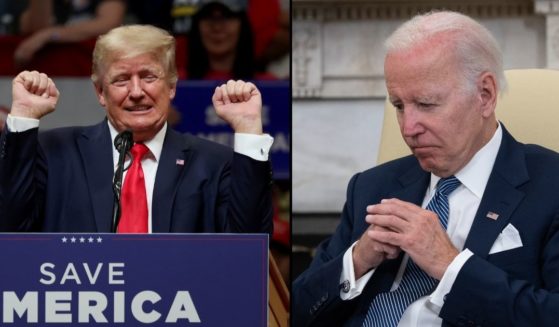 Former President Donald Trump, left, speaks during a rally at Alaska Airlines Center on Saturday in Anchorage, Alaska. President Joe Biden speaks to journalists in the Oval Office at the White House on Tuesday in Washington, D.C.