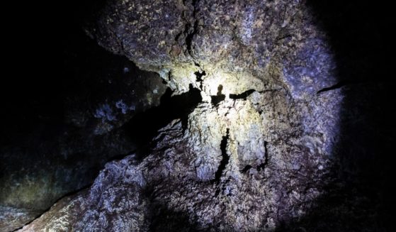 A formation is seen inside a lava tube in Hawaii.
