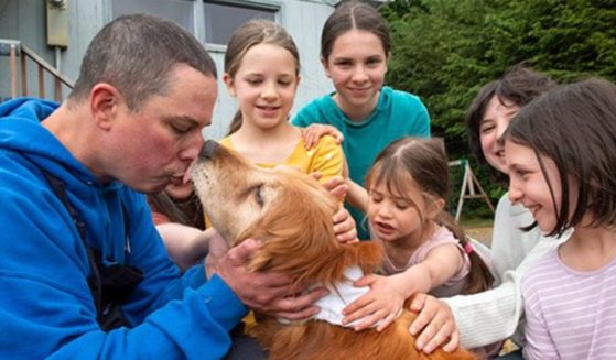 Ted Kubacki and his daughters cuddle their 13-year-old golden retriever, LuLu, who was missing for three weeks.