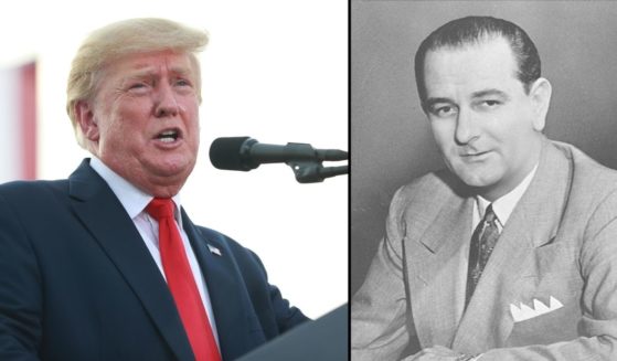 Former President Donald Trump, left, gives remarks during a rally at the Adams County Fairgrounds on June 25 in Mendon, Illinois. Lyndon B. Johnson is seen as Senate majority leader in the 1950s.