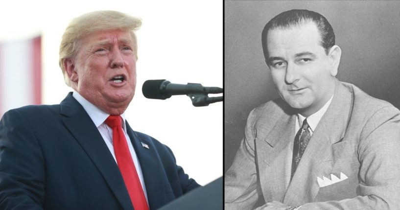 Former President Donald Trump, left, gives remarks during a rally at the Adams County Fairgrounds on June 25 in Mendon, Illinois. Lyndon B. Johnson is seen as Senate majority leader in the 1950s.
