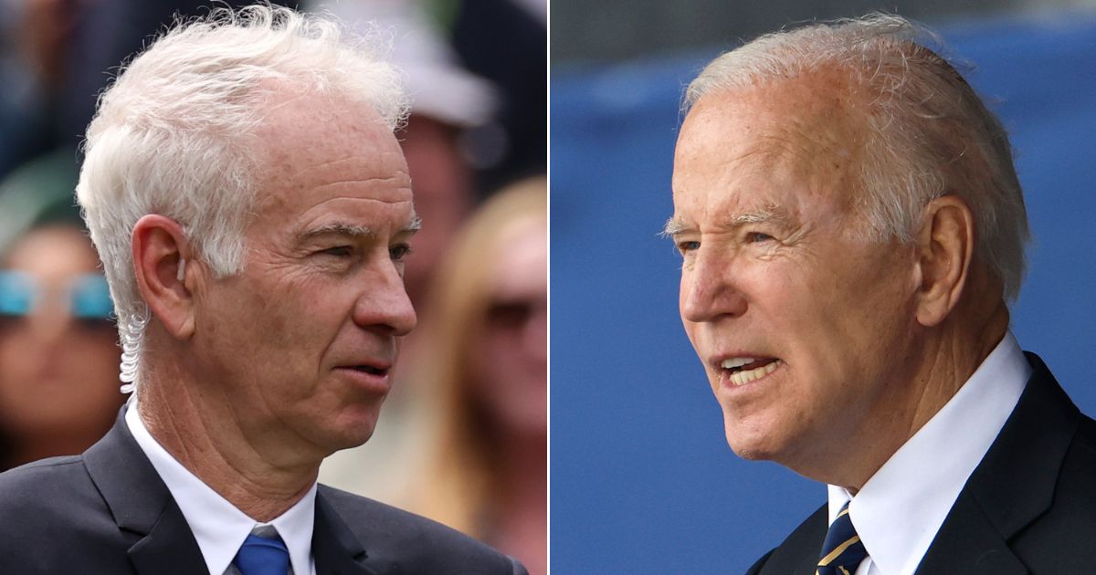 At left, former Wimbledon champion John McEnroe looks from center court at the All England Lawn Tennis and Croquet Club on July 3. At right, President Joe Biden speaks during the graduation and commissioning ceremony at the U.S. Naval Academy Memorial Stadium in Annapolis on May 27.