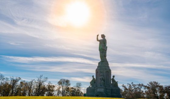 The National Monument to the Forefathers is seen in this stock image.
