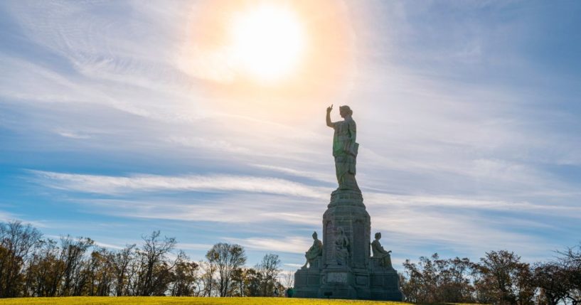The National Monument to the Forefathers is seen in this stock image.