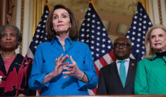 From left, Democratic Reps. Brenda Lawrence of Michigan, Nancy Pelosi of California, James Clyburn of South Carolina and Carolyn Maloney of New York stand together at the U.S. Capitol in Washington on March 17.