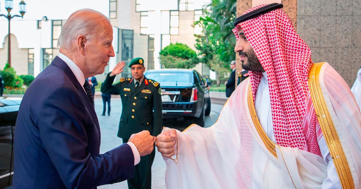President Joe Biden greets Saudi Crown Prince Mohammed bin Salman with a fist bump