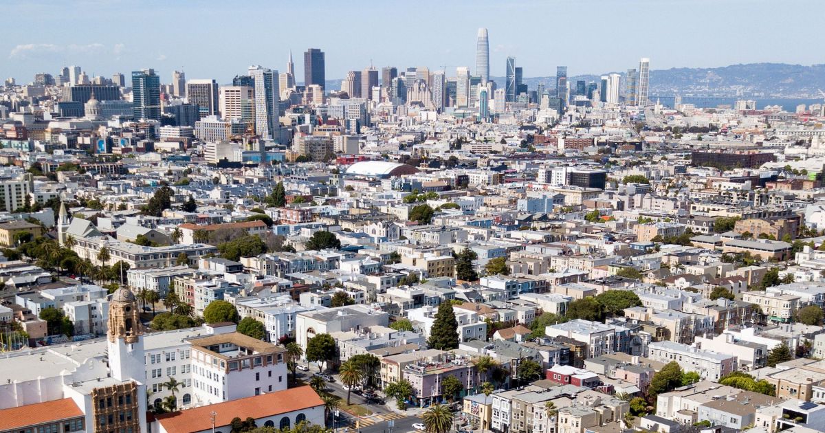 An aerial panoramic view shows the San Francisco skyline as seen from Dolores Park on May 22, 2020.