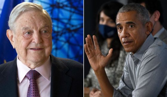 At left, leftist billionaire George Soros waits for the start of an Open Society Foundation meeting in Brussels on April 27, 2017. At right, former President Barack Obama speaks during a roundtable meeting in Glasgow, Scotland, on Nov. 28, 2021.