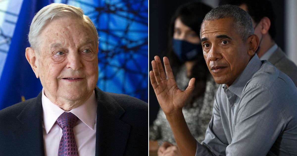 At left, leftist billionaire George Soros waits for the start of an Open Society Foundation meeting in Brussels on April 27, 2017. At right, former President Barack Obama speaks during a roundtable meeting in Glasgow, Scotland, on Nov. 28, 2021.
