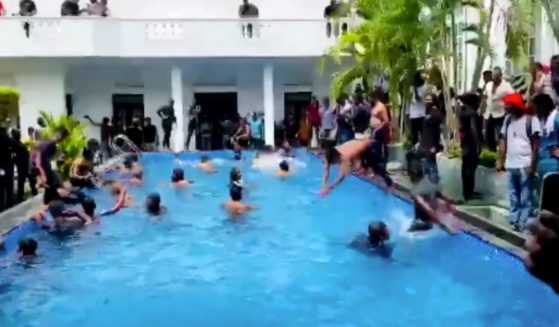 Protesters in Sri Lanka took a dip in the president's pool after breaking into his residence on Saturday.