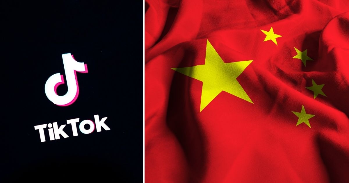 The TikTok logo is displayed on a cellphone on Aug. 7, 2020, in Washington, D.C. The Chinese flag is seen in the stock image on the right.