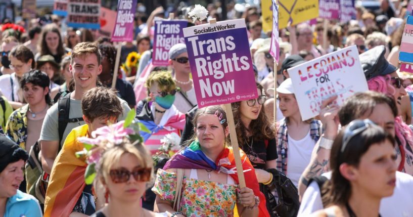 Protesters demonstrated for transgender rights in Piccadilly Circus in London, England, during the London Trans Pride protest on July 9.