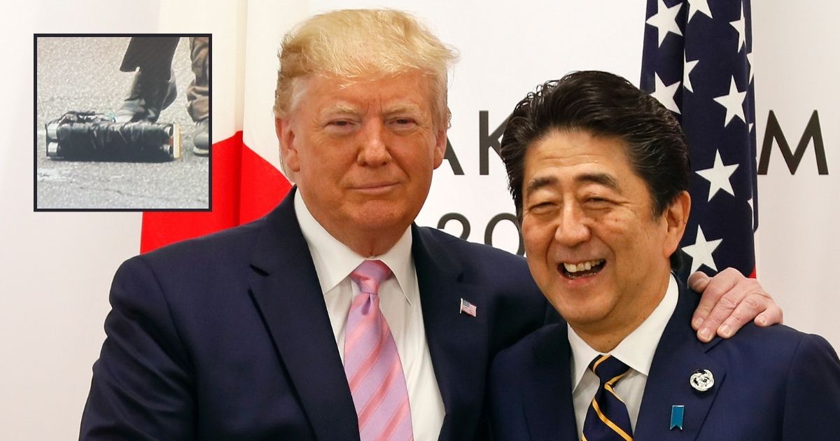 Then-President Donald Trump stands with then-Japanese Prime Minister Shinzo Abe at the start of the G20 Summit in Osaka, Japan, on June 28, 2019. Abe was assassinated on Friday by a man with a homemade firearm, inset.