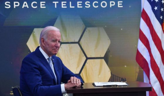 President Joe Biden attends a briefing Monday about the James Web Space Telescope in the South Court Auditorium at the White House.