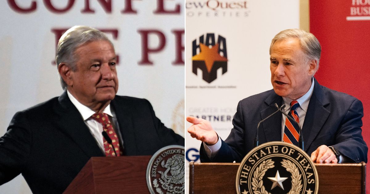 Mexican President Andres Manuel Lopez Obrador, left; Texas Gov. Greg Abbott, right.