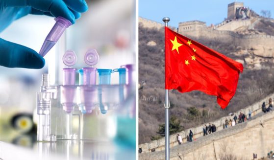 A scientist studies DNA mutations in a laboratory, left; Right, a Chinese flag flutters over the Great Wall of China