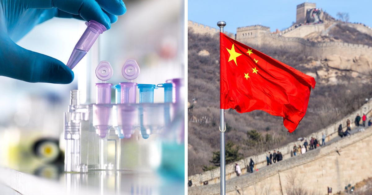 A scientist studies DNA mutations in a laboratory, left; Right, a Chinese flag flutters over the Great Wall of China