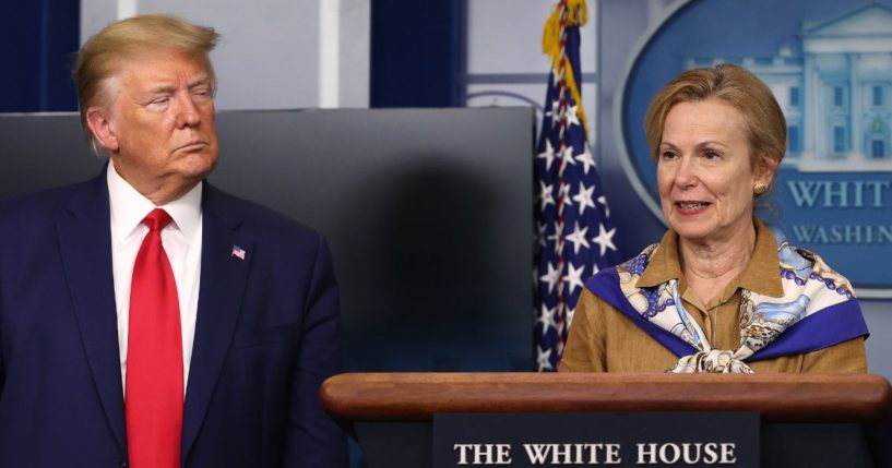Then-President Donald Trump, left, with then-White House coronavirus response coordinator Deborah Birx at an April 2020 news briefing at the White House. (Chip Somodevilla / Getty Images)