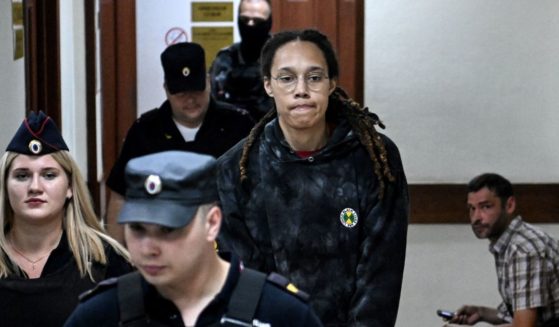 WNBA star Brittney Griner is pictured handcuffed at a hearing in Moscow last week.