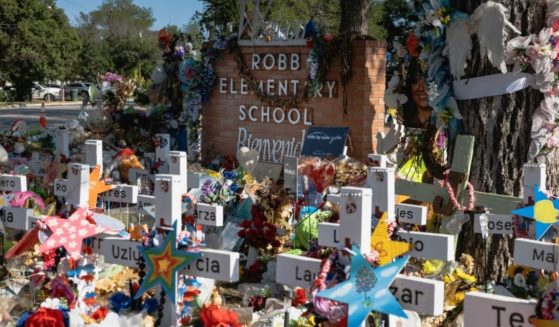 A memorial for the victims of the massacre at Robb Elementary School is seen on June 24 in Uvalde, Texas.