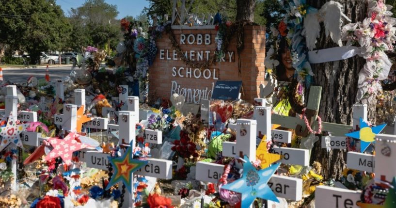 A memorial for the victims of the massacre at Robb Elementary School is seen on June 24 in Uvalde, Texas.