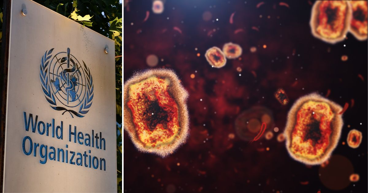 sign of the World Health Organization at its headquarters in Geneva, next to a microscopic image of the monkeypox virus