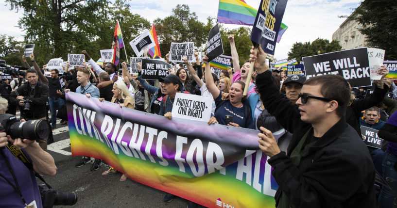 Supporters of gay, lesbian and transgender rights stage a protest in front of the U.S. Supreme Court in a 2019 file photo.