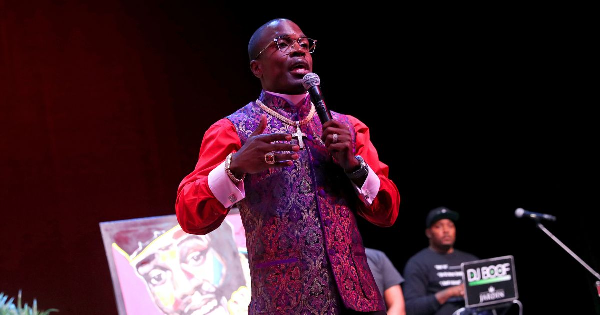 Bishop Lamor Miller Whitehead speaks during the celebration of life for Biz Markie at Patchogue Theatre for the Performing Arts on Aug. 02, 2021 in Patchogue, New York.