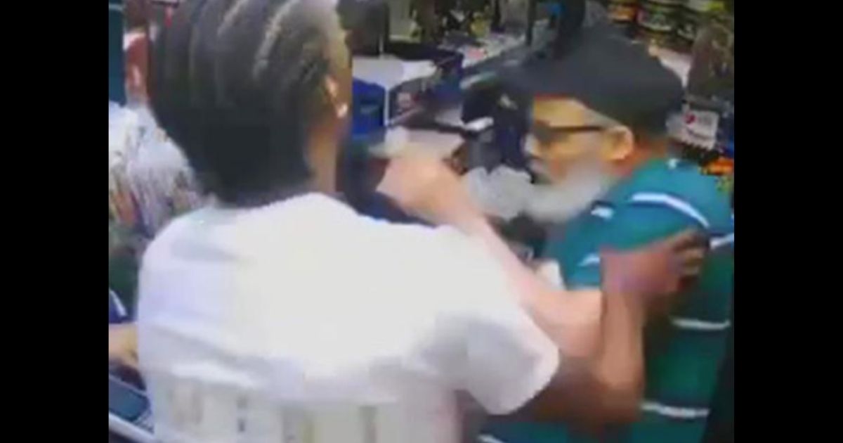 Surveillance camera footage catches the moment when a customer starts attacking an NYC convenience store worker on Friday.