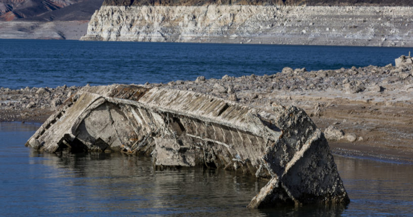 Receding water on Lake Mead has revealed a World War II-era landing craft used to transport troops or tanks.