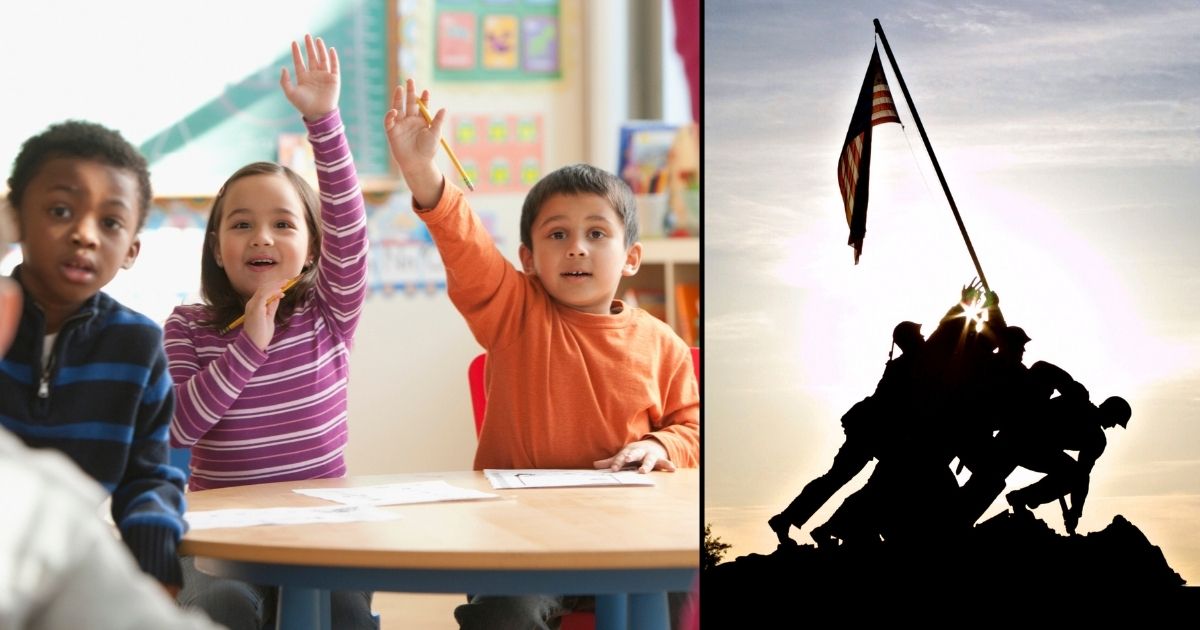 Kids raise their hands in a classroom in the stock image on the left. The U.S. Marine Corps War Memorial is seen on April 27, 2005, in Arlington, Virginia.