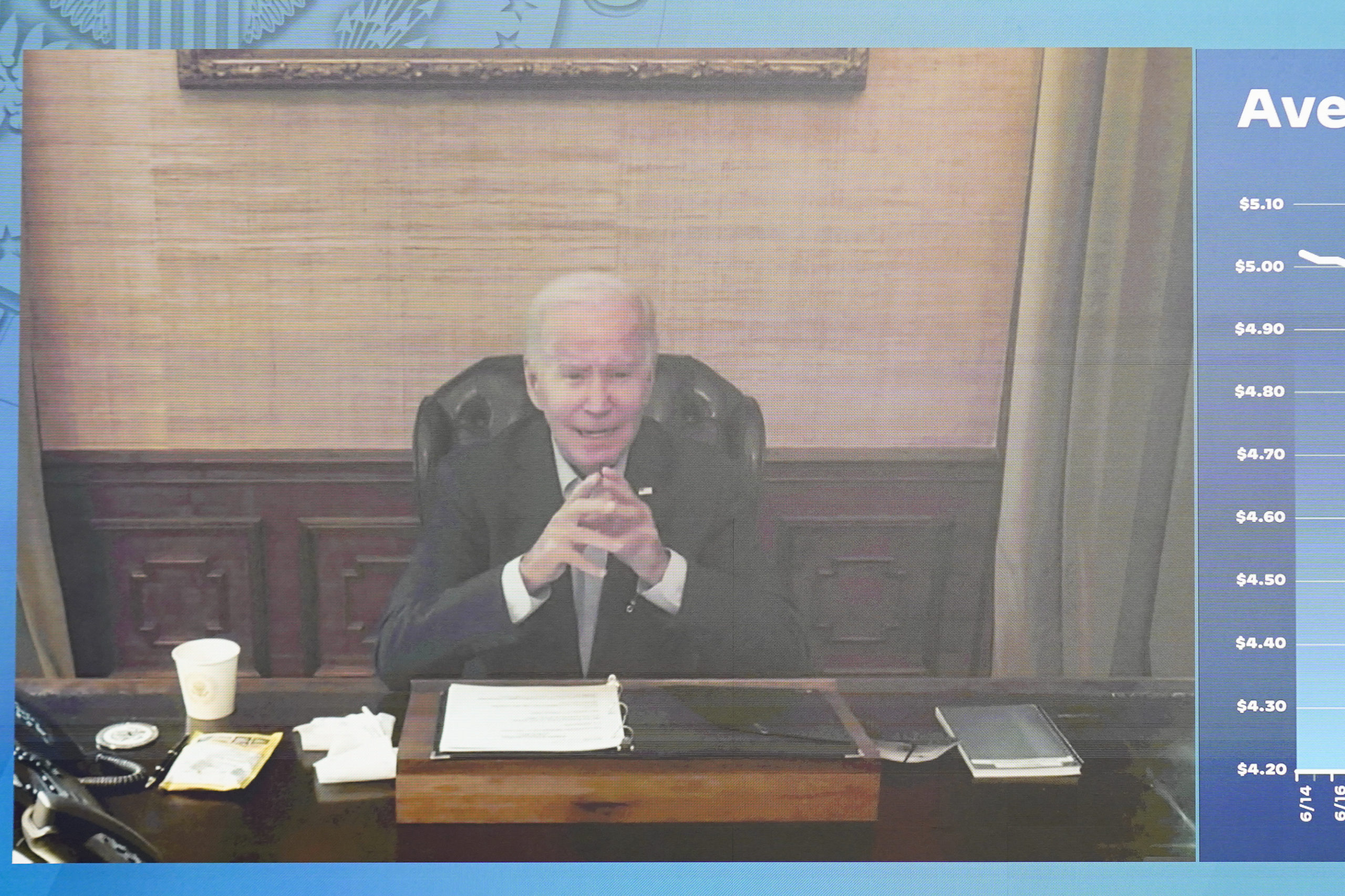 President Joe Biden virtually attends a meeting with his economic team in the South Court Auditorium in the White House complex on Friday.