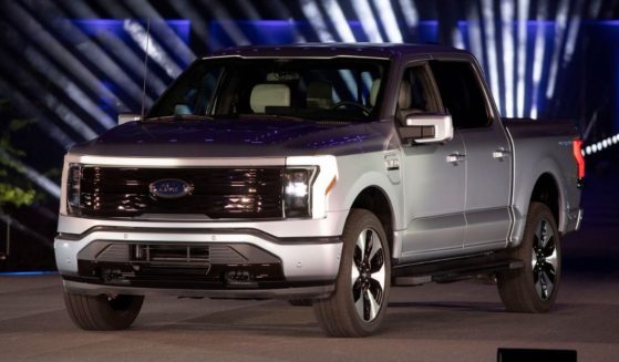 The Ford F-150 Lightning, the first all-electric pickup truck, is on display at the Ford World Headquarters on May 19, 2021, in Dearborn, Michigan.
