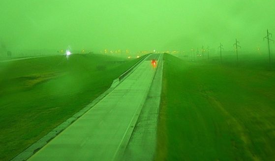 A derecho, or a group of thunderstorms with strong winds, moved through Sioux Falls, South Dakota, Tuesday evening, causing the sky to turn green.