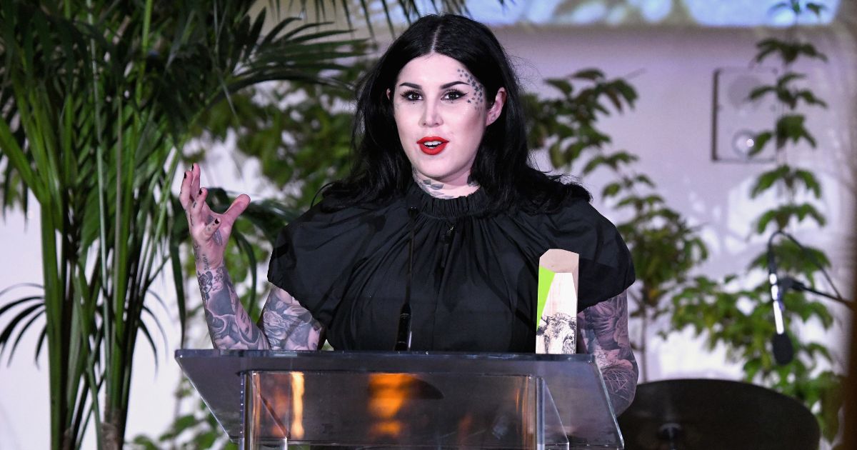 Kat Von D accepts the 2018 Animal Hero Award onstage at the Animal Equality Inspiring Global Action Gala at The Beverly Hilton Hotel on Oct. 27, 2018, in Beverly Hills, California.